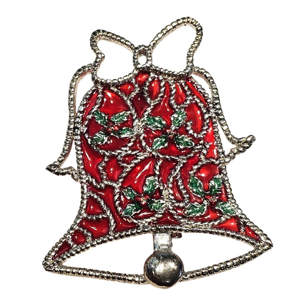 Red Bell Brooch Enamel Green Holly Silver Tone Christmas Holiday Pin Unbranded